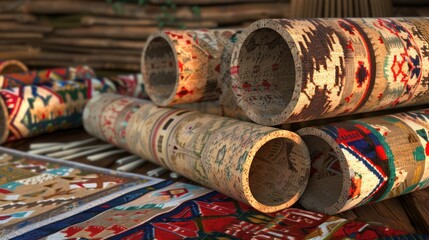 Colorful Rolled Persian Rugs Displayed on Wooden Floor in Traditional Decor Setting
