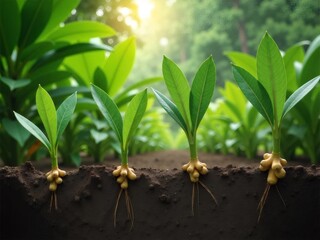 土壌断面図の苗木成長段階と森林背景の緑の葉と根系