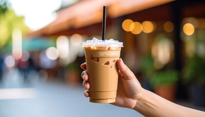 Iced coffee in hand, blurred city background