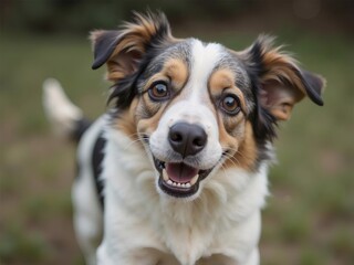 可愛いまだらの犬が屋外の緑豊かな背景でカメラに向かって幸せそうに笑顔を見せる
