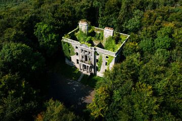 Aerial view of the Ivy-Covered Moore Hall Historic Ruins Surrounded by Irish Forest	