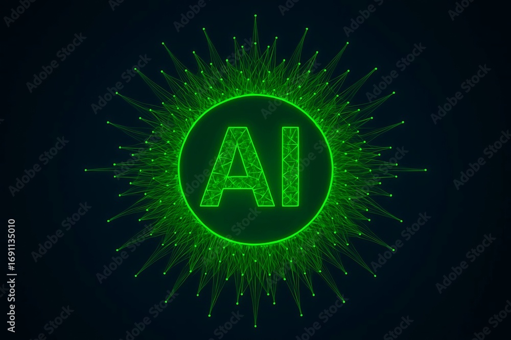 Poster abstract glowing green ai logo with radiating futuristic digital network patterns on dark background