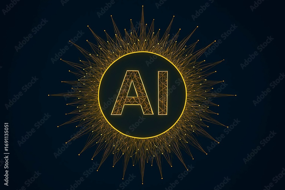 Poster glowing ai logo with radiating light particles on a dark background symbolizing artificial intellige