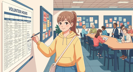 Anime style illustration depicting a young woman signing up for volunteer hours with group of people