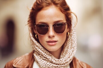 Stylish woman in silk scarf and sunglasses adjusting head wrap on urban street, golden-hour fashion portrait