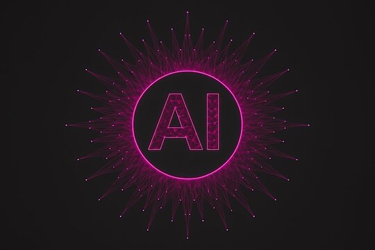 Futuristic ai symbol glowing with neon light on a dark digital network background