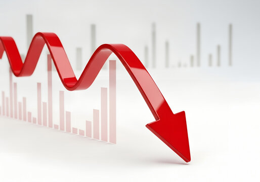 Red arrow trending downwards over a bar graph indicating financial loss and economic decline in the market trend