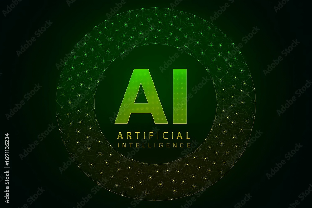 Poster glowing green ai artificial intelligence text with digital network background