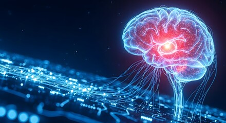 Abstract glowing human brain with neural network connections and red highlight