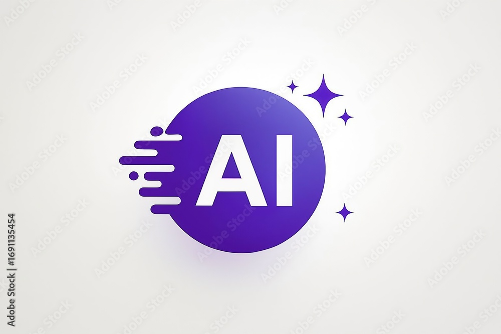 Poster artificial intelligence concept with glowing ai letters inside a purple circle on a white background