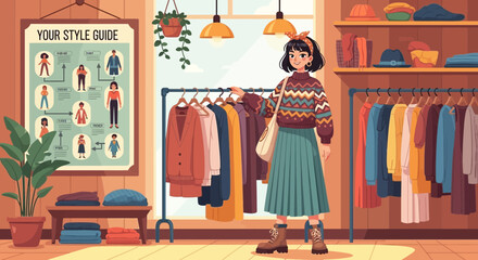 Cartoon illustration of a young woman shopping for clothes in a boutique wardrobe design