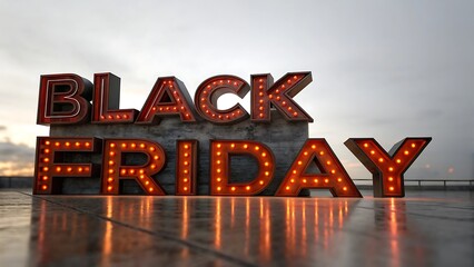 Black friday marquee sign with illuminated bulbs, set against a cloudy sky backdrop