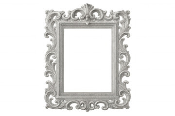 Silver baroque frame with ornate details and transparent background, perfect for showcasing artwork or photographs