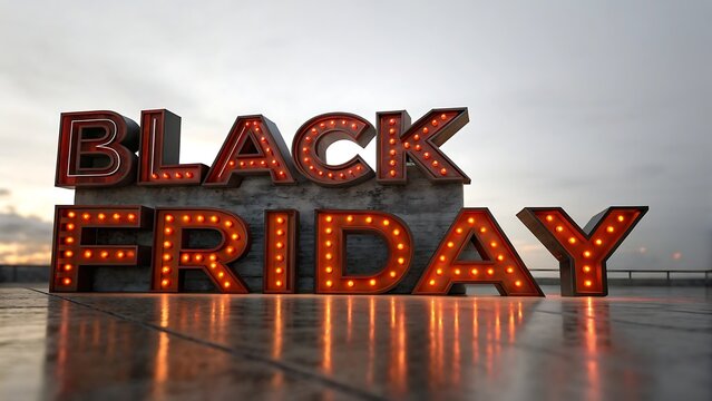Black friday marquee sign with illuminated bulbs, set against a cloudy sky backdrop