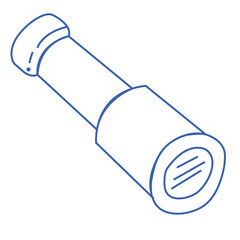 A telescope (monocular, monoscope) for navigation and ocean travel. Vector linear drawing of pirate binoculars drawn in blue ink on a white background.