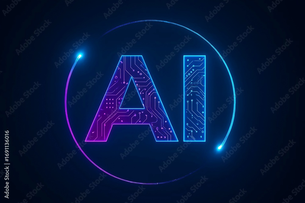 Poster futuristic ai logo with glowing circuit board texture inside a circular frame