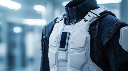Smart clothing with integrated health data display screen fabric, glowing numbers, subtle texture, digital read-out