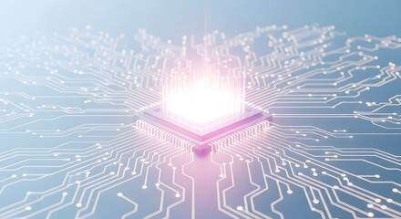 Glowing central processor unit with digital circuit board connections and light rays