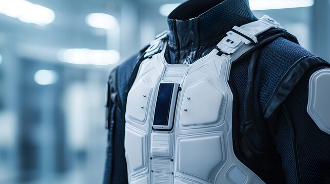 Smart clothing with integrated health data display screen fabric, glowing numbers, subtle texture, digital read-out