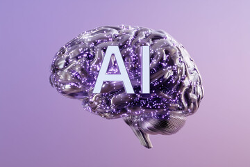A digital brain made of binary code with the letters “AI” on a purple background. Concept: technology, artificial intelligence, technological progress. 