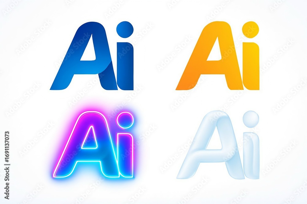 Poster four distinct artistic interpretations of the ai logo in different vibrant colors and styles