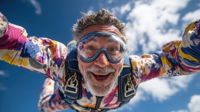 Smiling mature man skydiving in colorful suit and protective goggles enjoying adrenaline rush and freedom in the blue sky