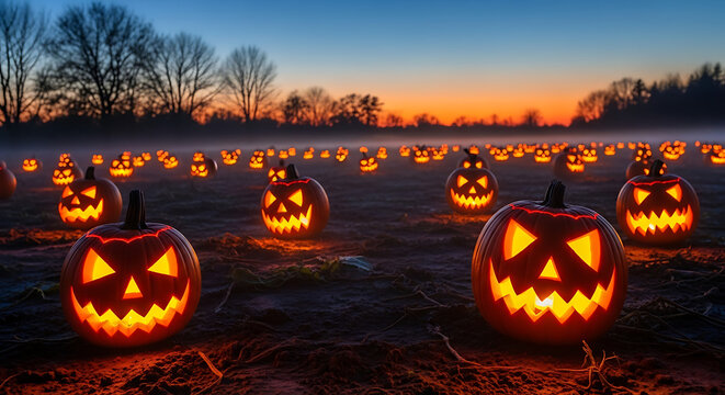 Spooky carved pumpkins glow eerily in a field at twilight with a misty atmosphere. - Powered by Adobe