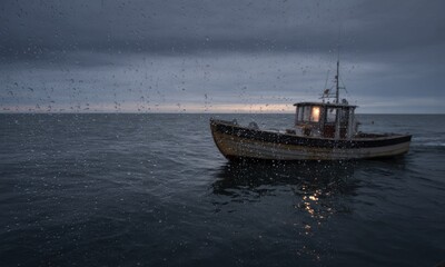 Fishing boat on a stormy sea at dawn. Rain droplets on the water