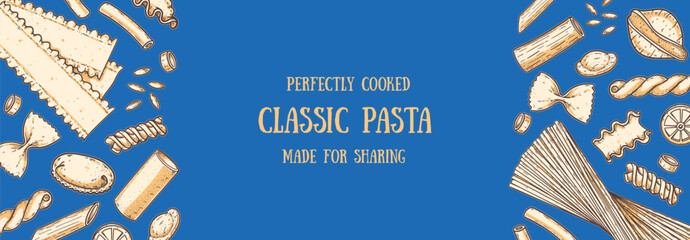 Traditional Italian pasta. Italian food. Staple food. Hand drawn vector illustration. Background for packaging, menu. Top view. Not AI