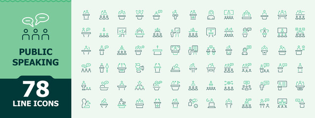 Public Speaking colorful linear icon set. It contains symbols to orator, speaking, debate, speaker, speech and more. Simple line vector icons. Public icon set. Editable stroke. Vector illustration.