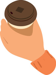 hand holding takeaway coffee cup with brown lid and sleeve top view.