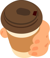 hand holding takeaway coffee cup with brown lid and sleeve top view.