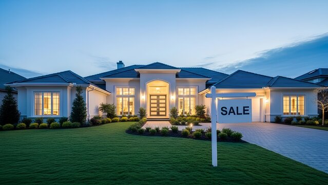 Luxury modern house with illuminated windows and a 'For Sale' sign on a well-maintained lawn at dusk