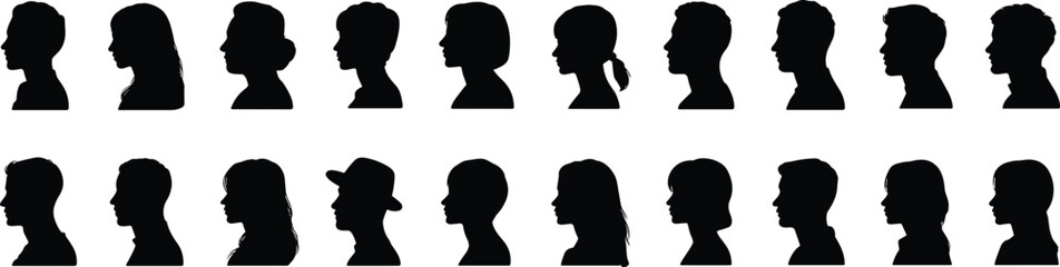 Silhouette photographer collection with camera, tripod, professional photography poses, creative people working, artistic black shadow illustration, modern studio shooting concept design