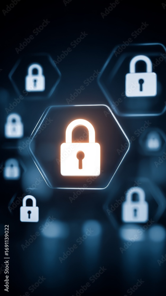 Poster enhanced security, a detailed view of lock icon symbolizing data protection and privacy in the digit