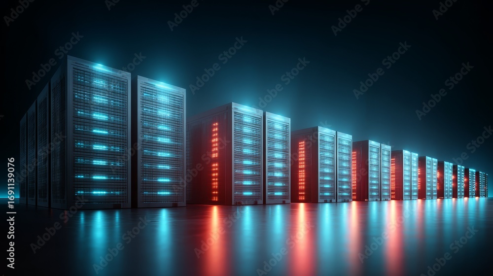 Poster powerful data center servers, network technology and cloud computing infrastructure.