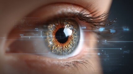 Digital eye, futuristic interface merges with human vision technology closeup.