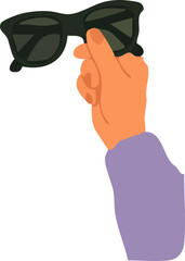 hand in a purple sleeve holding black sunglasses against