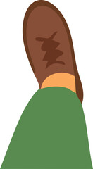leg in green pants and a brown shoe with dark brown laces, viewed from above as if taking a step.