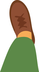 leg in green pants and a brown shoe with dark brown laces, viewed from above as if taking a step.