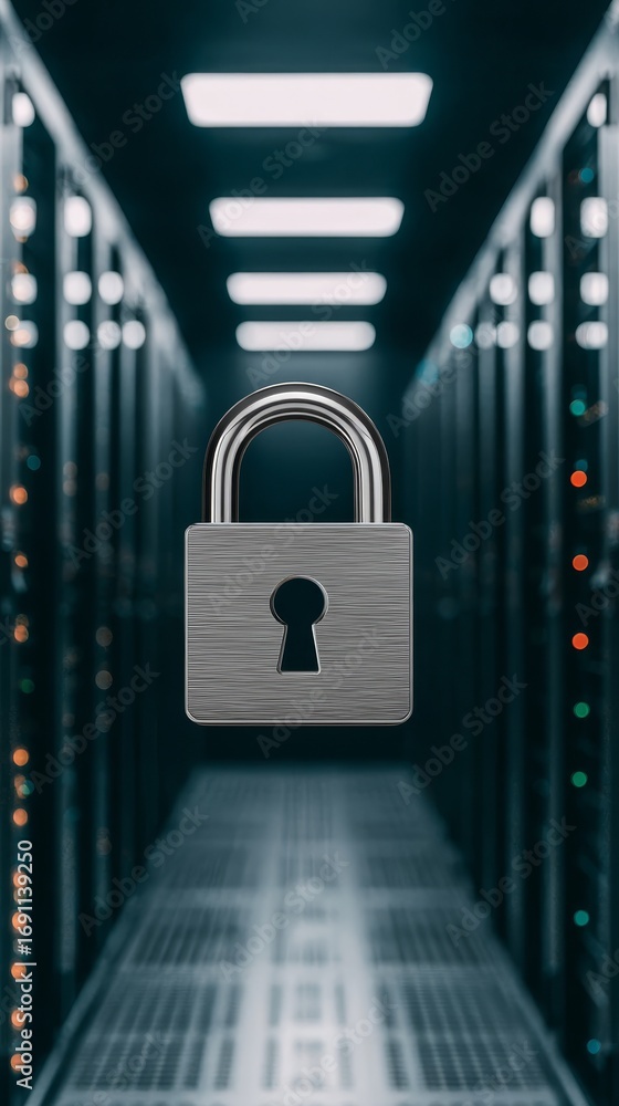 Poster enhanced server room security, padlock protecting critical data and network infrastructure.