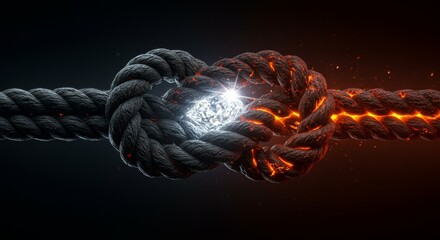 Two different ropes, one of stone and one of lava, are tied into a knot made of glowing diamond. A metaphor for an unbreakable bond or partnership. 