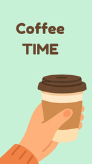 The image shows a hand holding a takeaway coffee cup with the phrase 