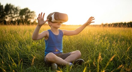 Young caucasian boy enjoying virtual reality outdoors at sunset in a field