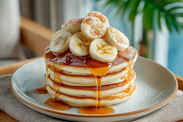 バナナとベリーが彩る甘美なパンケーキデザート