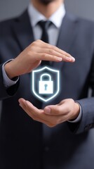 Businessman holding shield, protection, security, and safeguarding in professional world.