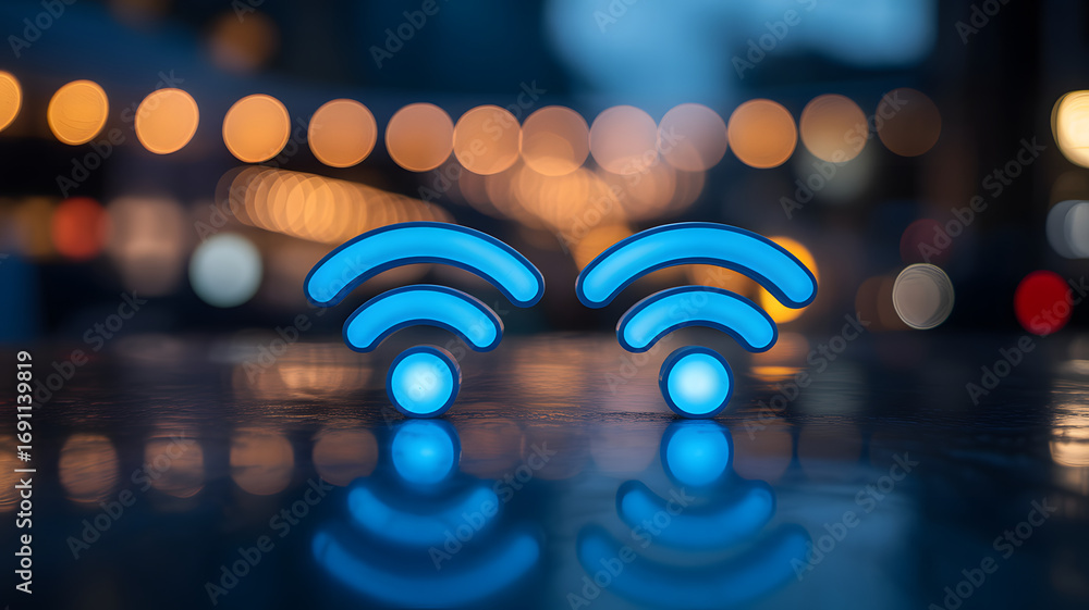 Fototapete digital connection: two illuminated wifi symbols glow on a surface, suggesting effortless and access