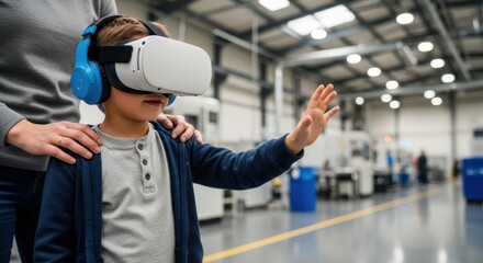Young caucasian boy experiencing virtual reality in modern industrial setting