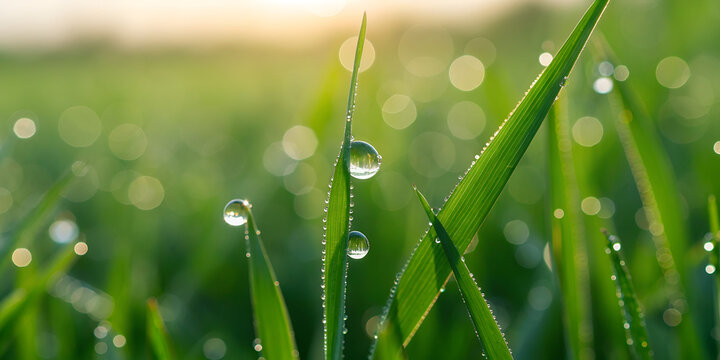 Macro dew drops on green grass showing morning freshness