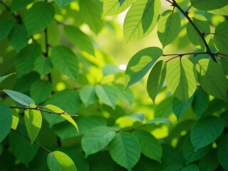鮮やかな緑の葉と枝 太陽光が差し込む春の背景 自然の美しさを捉えたクローズアップショット